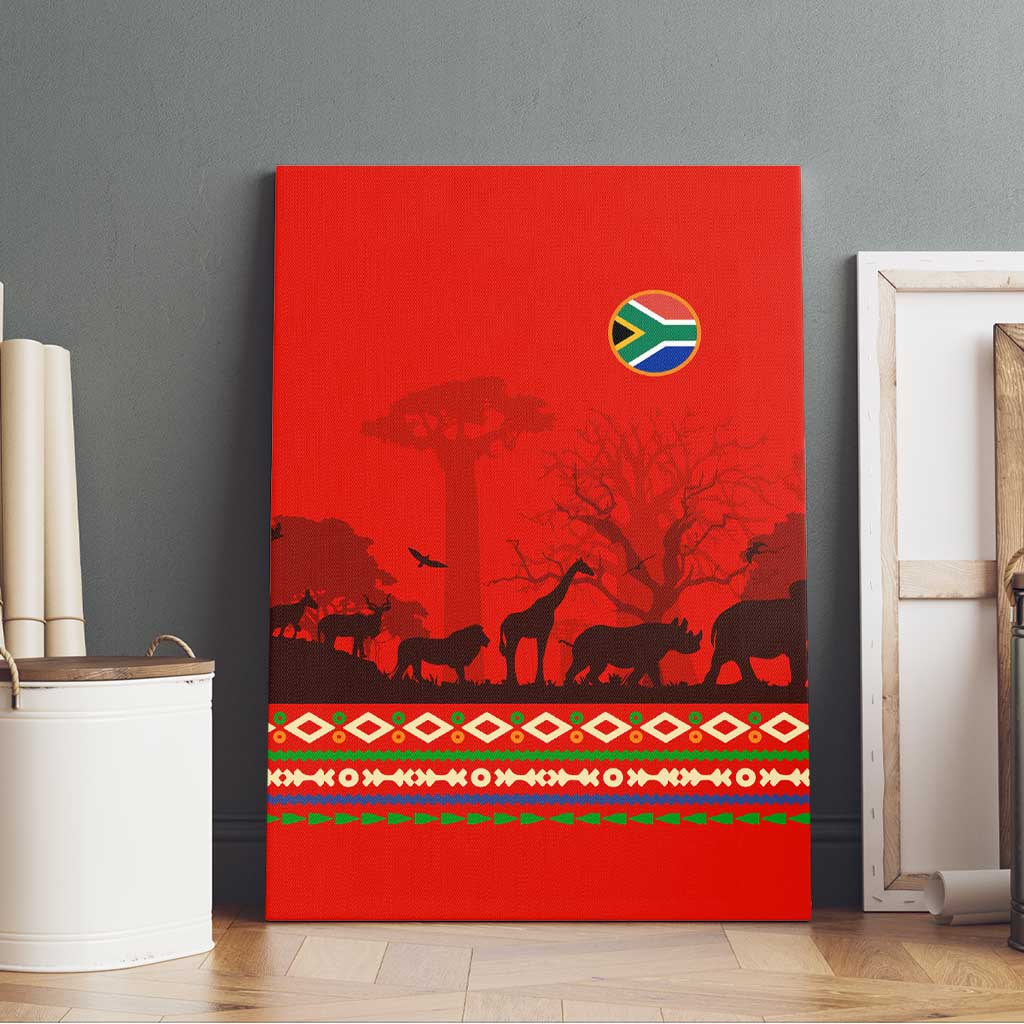 South Africa Wildlife Canvas Wall Art Tribal Pattern with National Flag and Safari Silhouettes