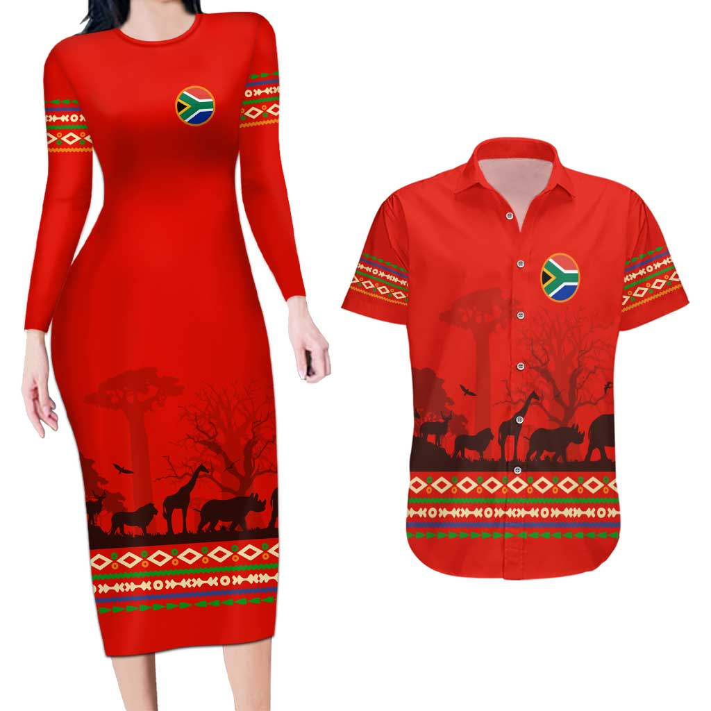 South Africa Wildlife Couples Matching Long Sleeve Bodycon Dress and Hawaiian Shirt Tribal Pattern with National Flag and Safari Silhouettes