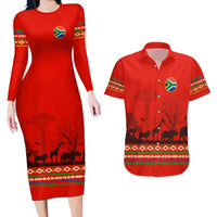 South Africa Wildlife Couples Matching Long Sleeve Bodycon Dress and Hawaiian Shirt Tribal Pattern with National Flag and Safari Silhouettes