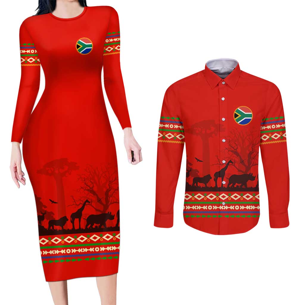 South Africa Wildlife Couples Matching Long Sleeve Bodycon Dress and Long Sleeve Button Shirt Tribal Pattern with National Flag and Safari Silhouettes