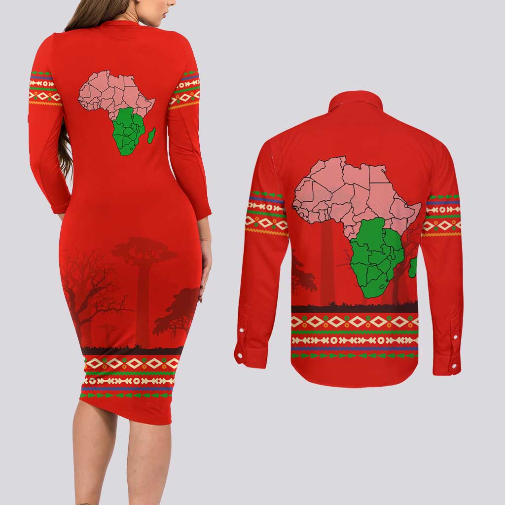 South Africa Wildlife Couples Matching Long Sleeve Bodycon Dress and Long Sleeve Button Shirt Tribal Pattern with National Flag and Safari Silhouettes