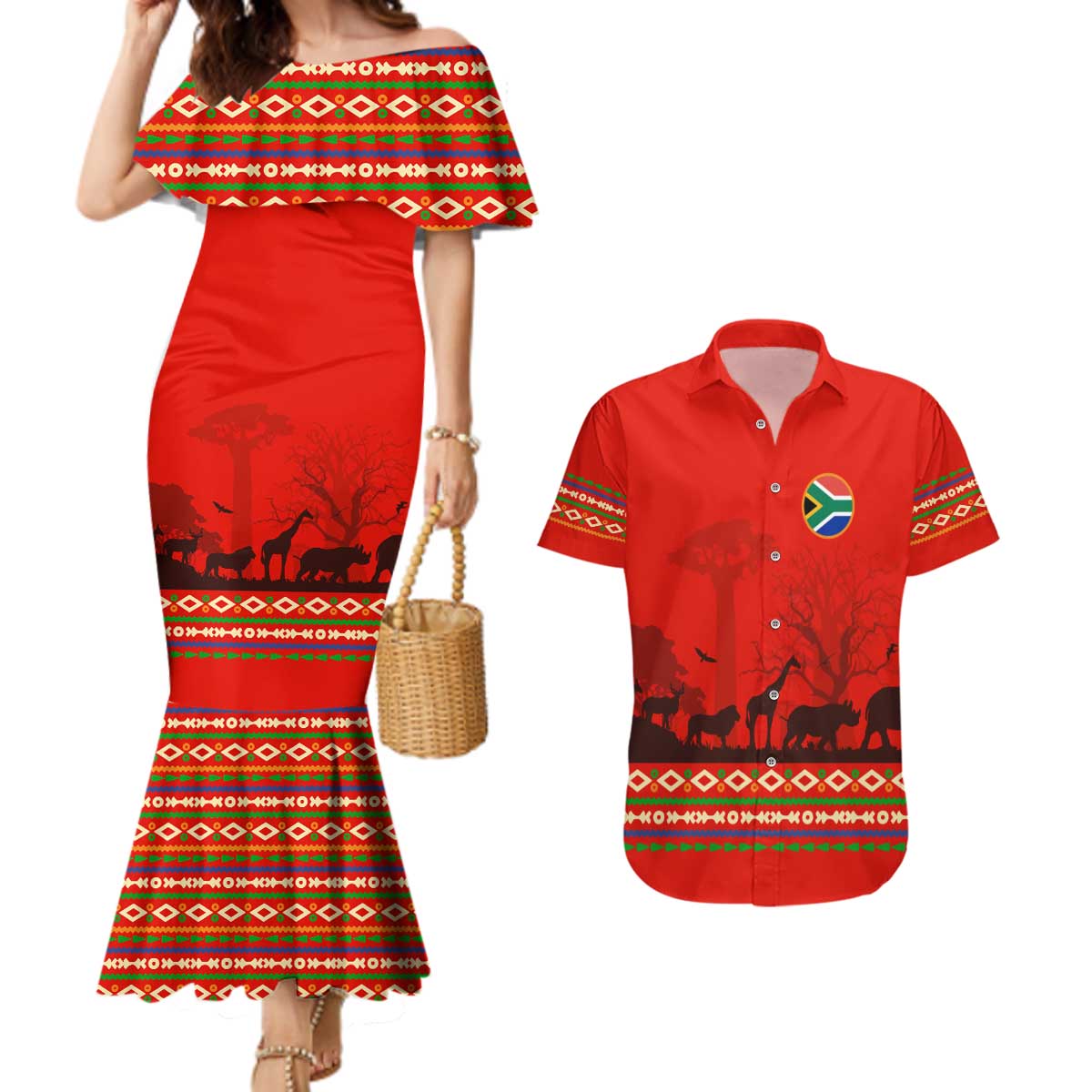 South Africa Wildlife Couples Matching Mermaid Dress and Hawaiian Shirt Tribal Pattern with National Flag and Safari Silhouettes