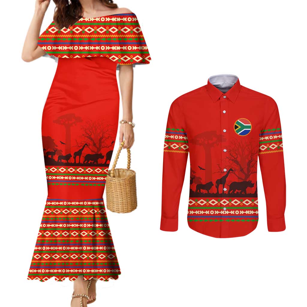 South Africa Wildlife Couples Matching Mermaid Dress and Long Sleeve Button Shirt Tribal Pattern with National Flag and Safari Silhouettes