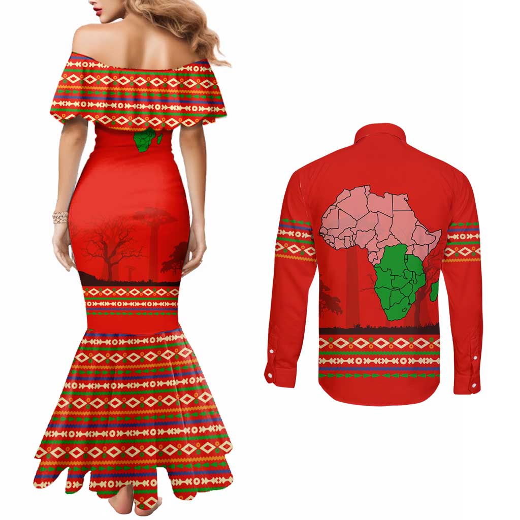 South Africa Wildlife Couples Matching Mermaid Dress and Long Sleeve Button Shirt Tribal Pattern with National Flag and Safari Silhouettes