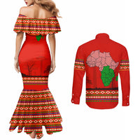 South Africa Wildlife Couples Matching Mermaid Dress and Long Sleeve Button Shirt Tribal Pattern with National Flag and Safari Silhouettes