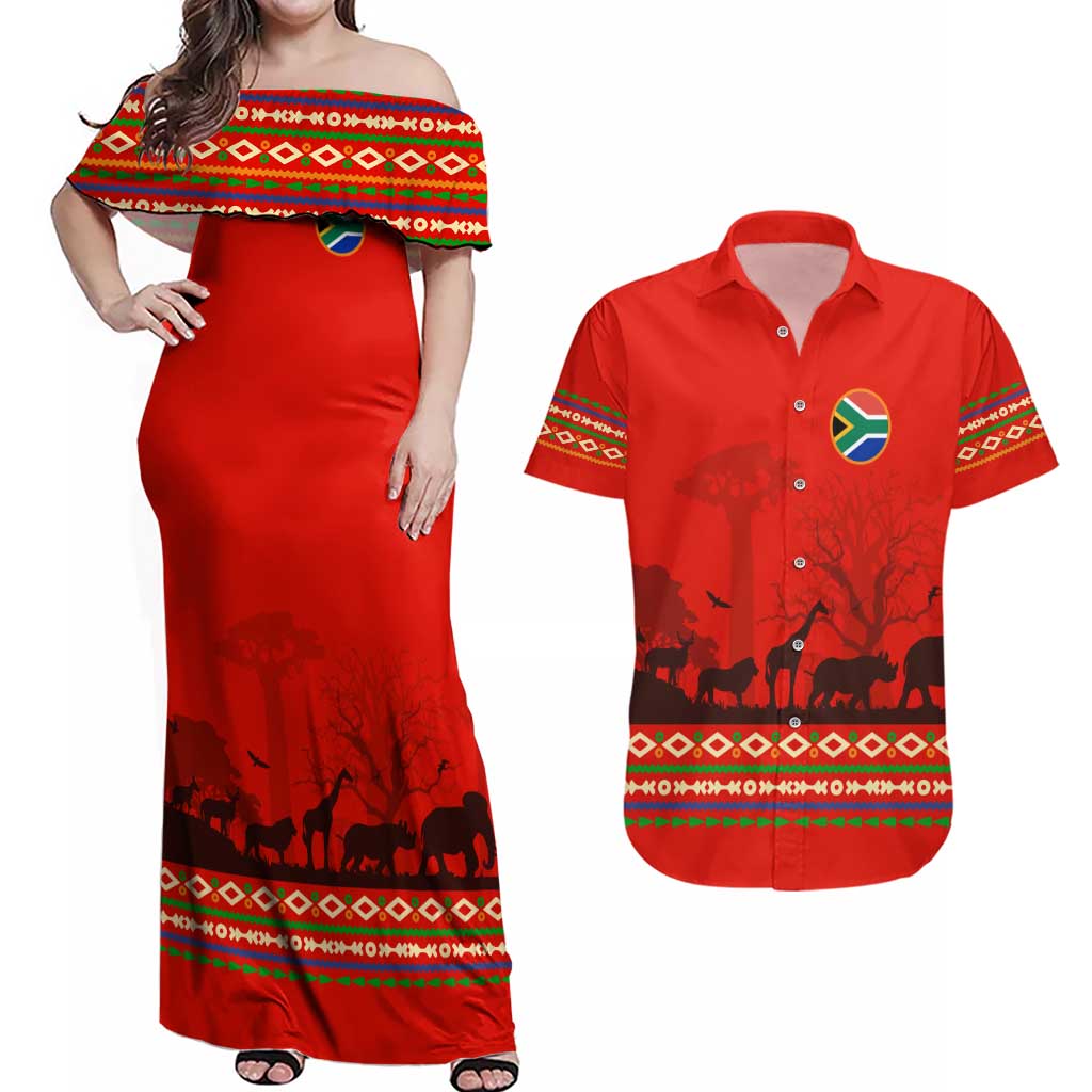 South Africa Wildlife Couples Matching Off Shoulder Maxi Dress and Hawaiian Shirt Tribal Pattern with National Flag and Safari Silhouettes