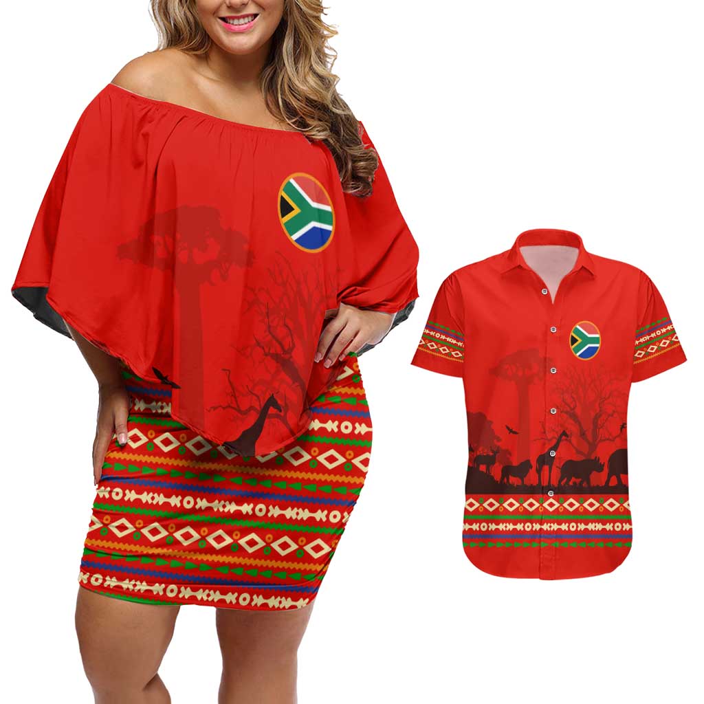 South Africa Wildlife Couples Matching Off Shoulder Short Dress and Hawaiian Shirt Tribal Pattern with National Flag and Safari Silhouettes