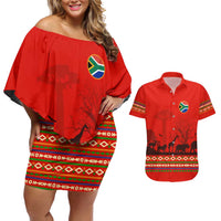 South Africa Wildlife Couples Matching Off Shoulder Short Dress and Hawaiian Shirt Tribal Pattern with National Flag and Safari Silhouettes