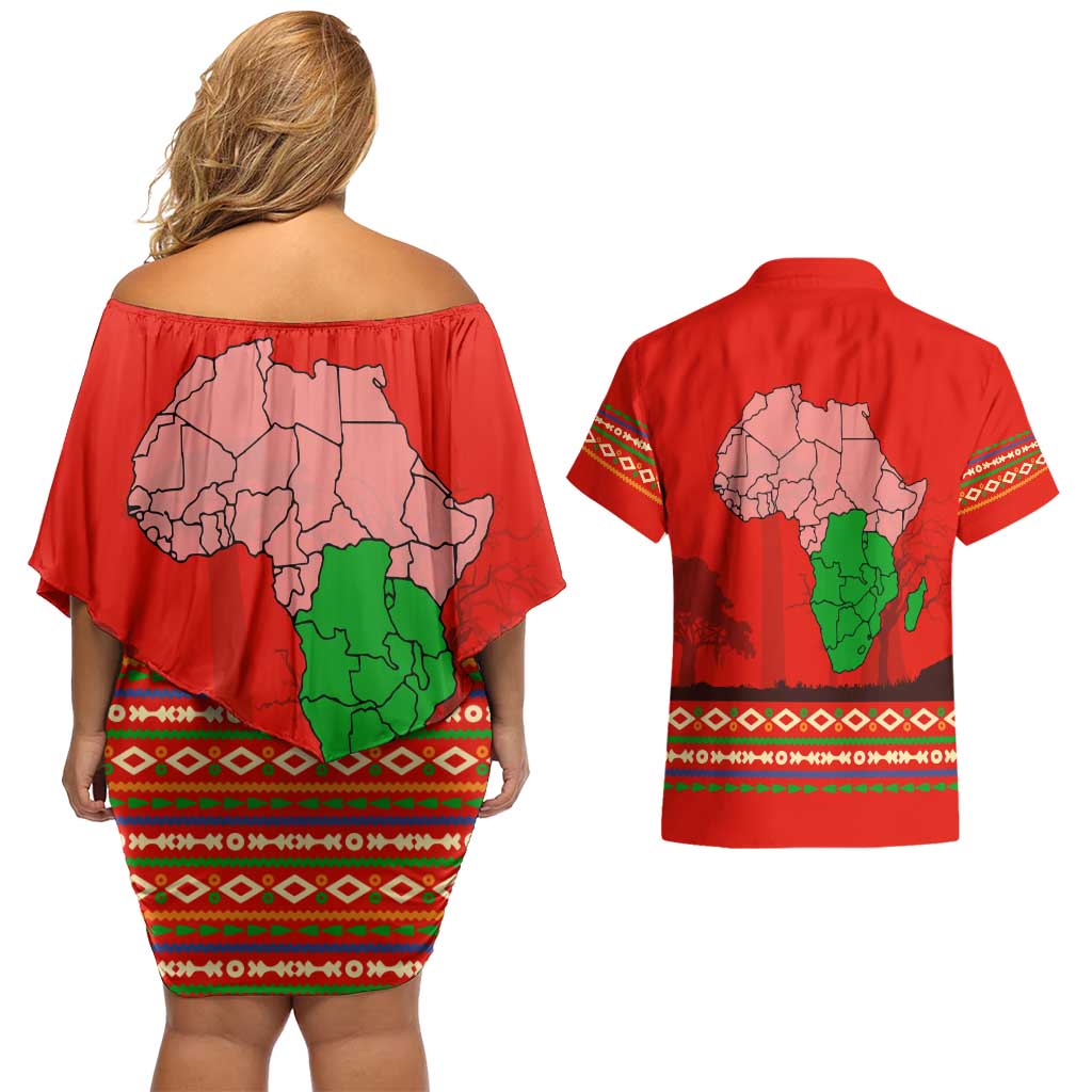 South Africa Wildlife Couples Matching Off Shoulder Short Dress and Hawaiian Shirt Tribal Pattern with National Flag and Safari Silhouettes