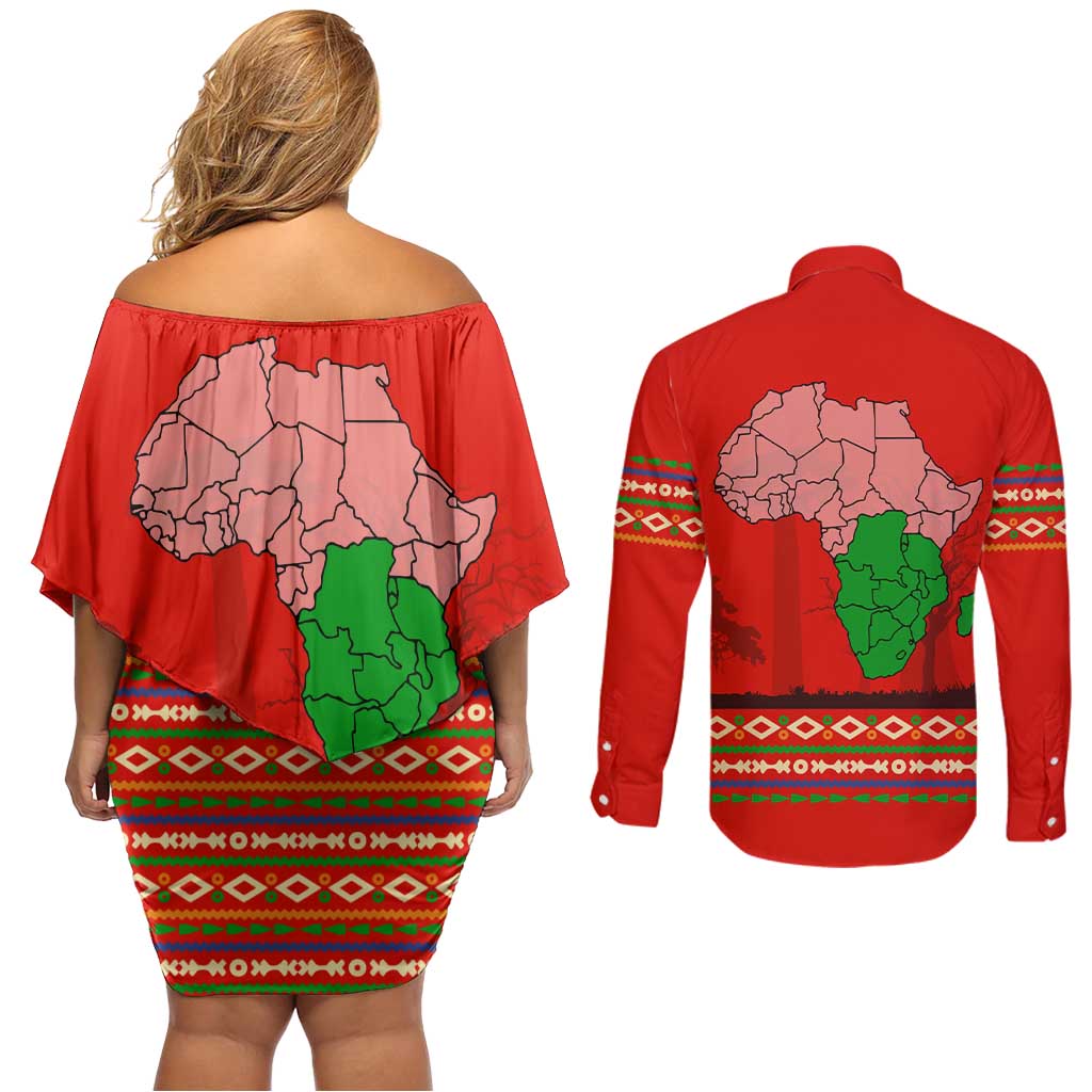 South Africa Wildlife Couples Matching Off Shoulder Short Dress and Long Sleeve Button Shirt Tribal Pattern with National Flag and Safari Silhouettes