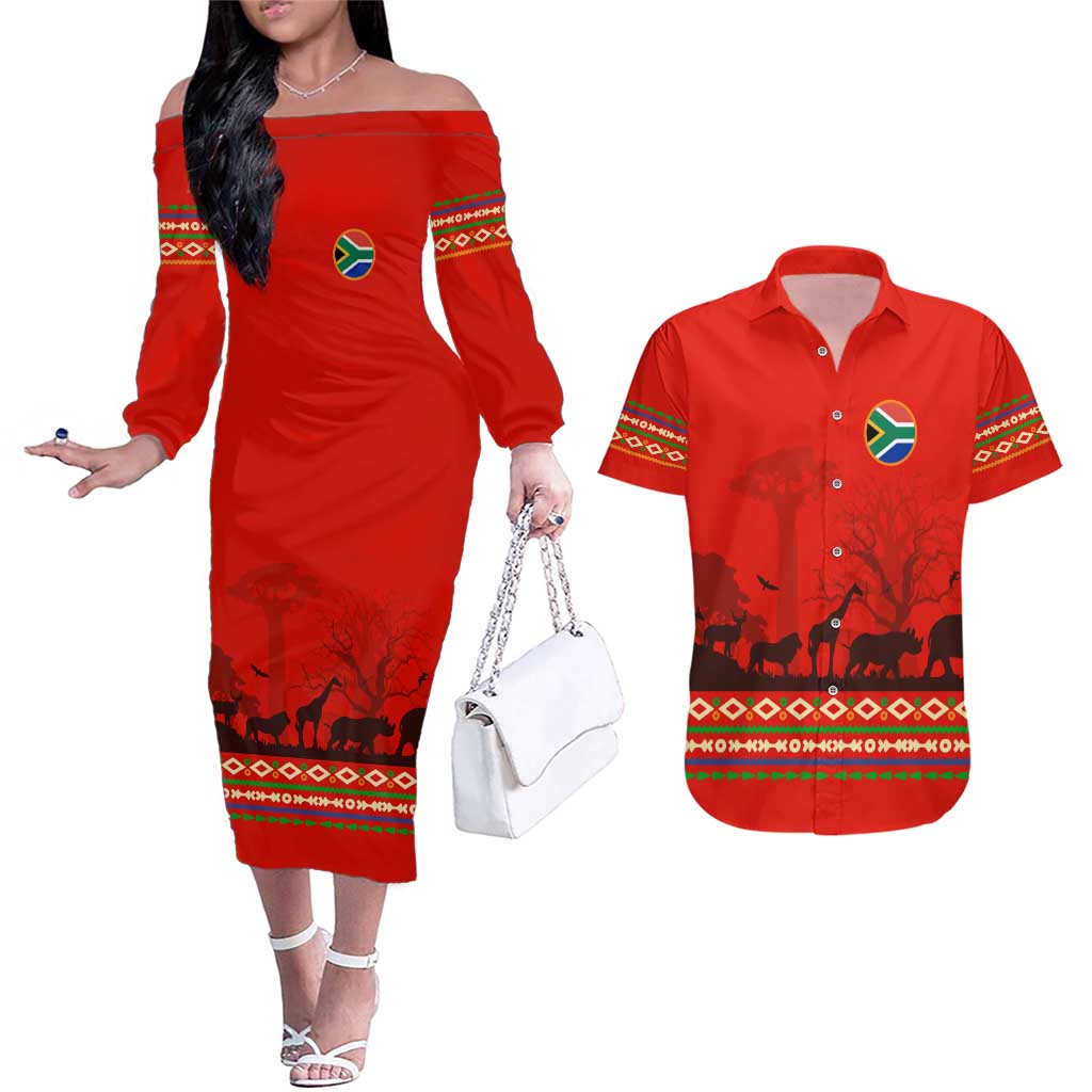 South Africa Wildlife Couples Matching Off The Shoulder Long Sleeve Dress and Hawaiian Shirt Tribal Pattern with National Flag and Safari Silhouettes