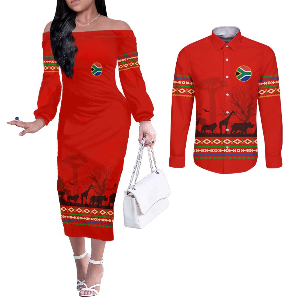 South Africa Wildlife Couples Matching Off The Shoulder Long Sleeve Dress and Long Sleeve Button Shirt Tribal Pattern with National Flag and Safari Silhouettes
