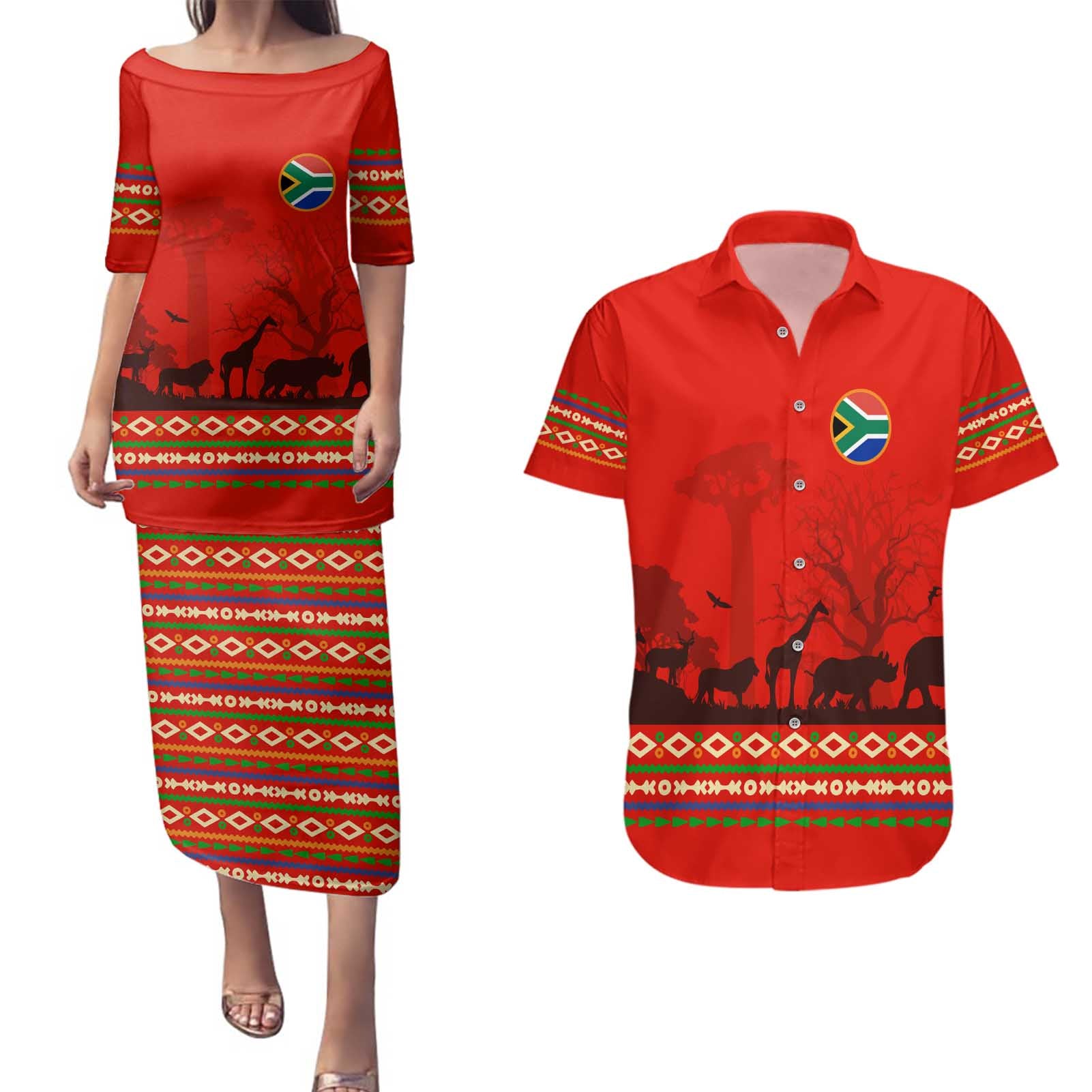 South Africa Wildlife Couples Matching Puletasi and Hawaiian Shirt Tribal Pattern with National Flag and Safari Silhouettes