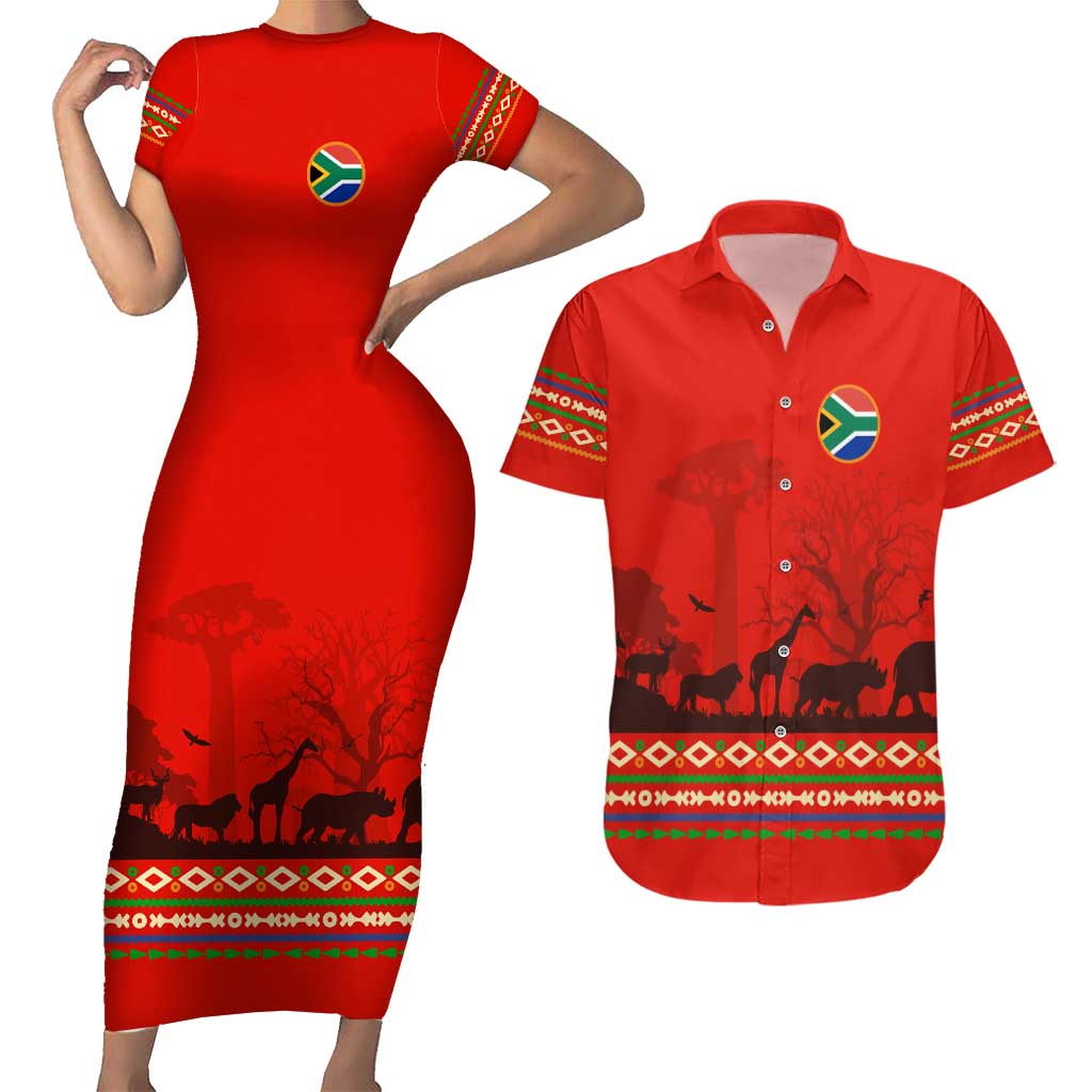 South Africa Wildlife Couples Matching Short Sleeve Bodycon Dress and Hawaiian Shirt Tribal Pattern with National Flag and Safari Silhouettes