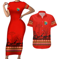 South Africa Wildlife Couples Matching Short Sleeve Bodycon Dress and Hawaiian Shirt Tribal Pattern with National Flag and Safari Silhouettes