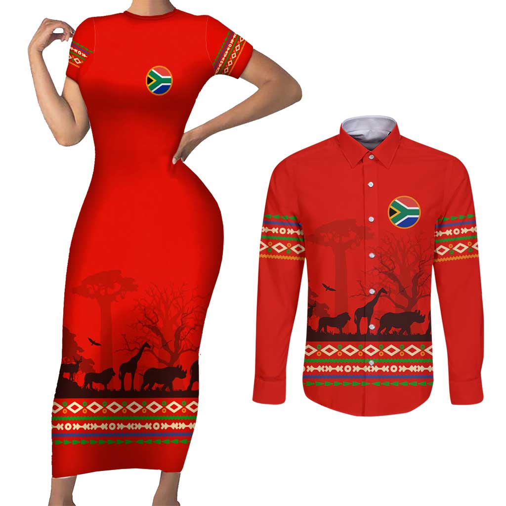 South Africa Wildlife Couples Matching Short Sleeve Bodycon Dress and Long Sleeve Button Shirt Tribal Pattern with National Flag and Safari Silhouettes