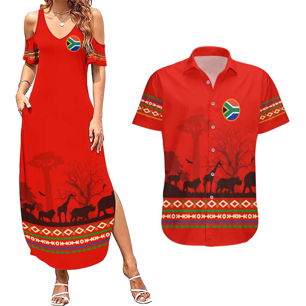 South Africa Wildlife Couples Matching Summer Maxi Dress and Hawaiian Shirt Tribal Pattern with National Flag and Safari Silhouettes
