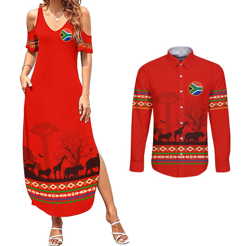 South Africa Wildlife Couples Matching Summer Maxi Dress and Long Sleeve Button Shirt Tribal Pattern with National Flag and Safari Silhouettes