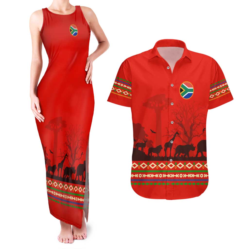South Africa Wildlife Couples Matching Tank Maxi Dress and Hawaiian Shirt Tribal Pattern with National Flag and Safari Silhouettes