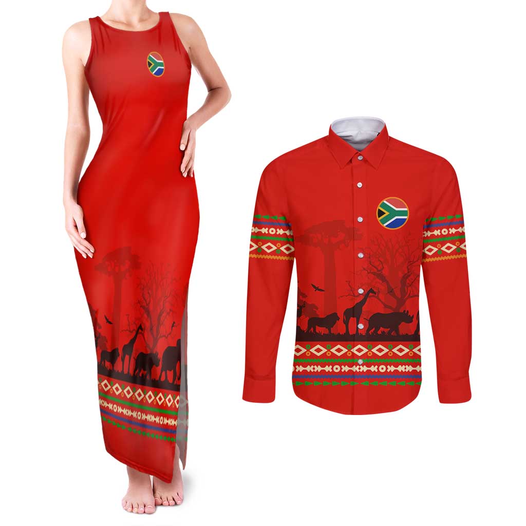 South Africa Wildlife Couples Matching Tank Maxi Dress and Long Sleeve Button Shirt Tribal Pattern with National Flag and Safari Silhouettes