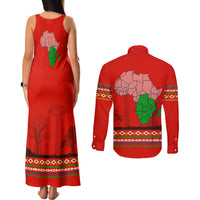 South Africa Wildlife Couples Matching Tank Maxi Dress and Long Sleeve Button Shirt Tribal Pattern with National Flag and Safari Silhouettes