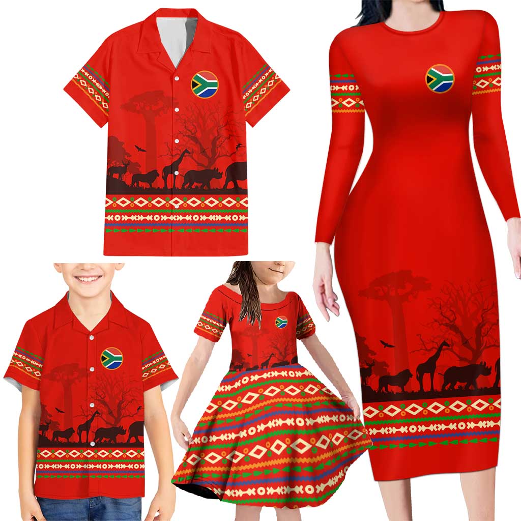 South Africa Wildlife Family Matching Long Sleeve Bodycon Dress and Hawaiian Shirt Tribal Pattern with National Flag and Safari Silhouettes