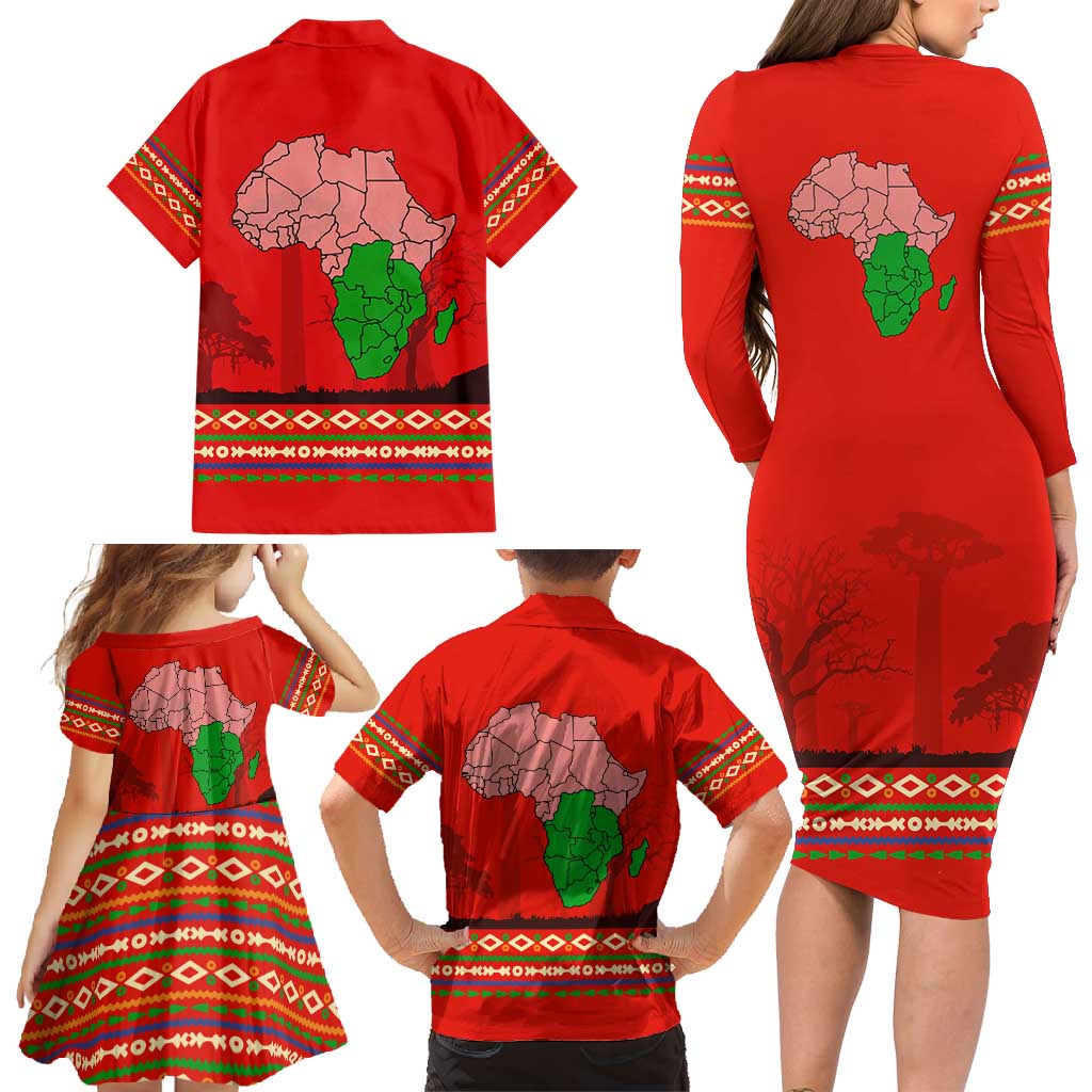 South Africa Wildlife Family Matching Long Sleeve Bodycon Dress and Hawaiian Shirt Tribal Pattern with National Flag and Safari Silhouettes