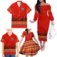 South Africa Wildlife Family Matching Off The Shoulder Long Sleeve Dress and Hawaiian Shirt Tribal Pattern with National Flag and Safari Silhouettes