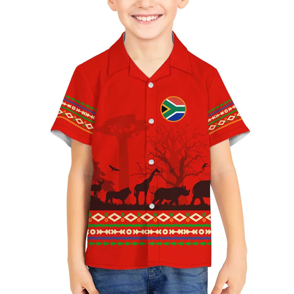 South Africa Wildlife Family Matching Off The Shoulder Long Sleeve Dress and Hawaiian Shirt Tribal Pattern with National Flag and Safari Silhouettes