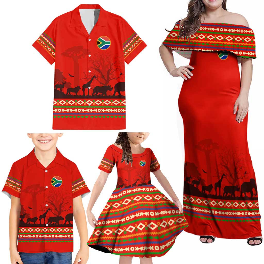 South Africa Wildlife Family Matching Off Shoulder Maxi Dress and Hawaiian Shirt Tribal Pattern with National Flag and Safari Silhouettes