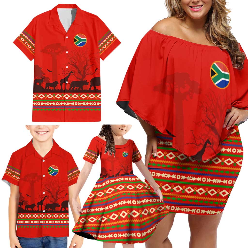 South Africa Wildlife Family Matching Off Shoulder Short Dress and Hawaiian Shirt Tribal Pattern with National Flag and Safari Silhouettes