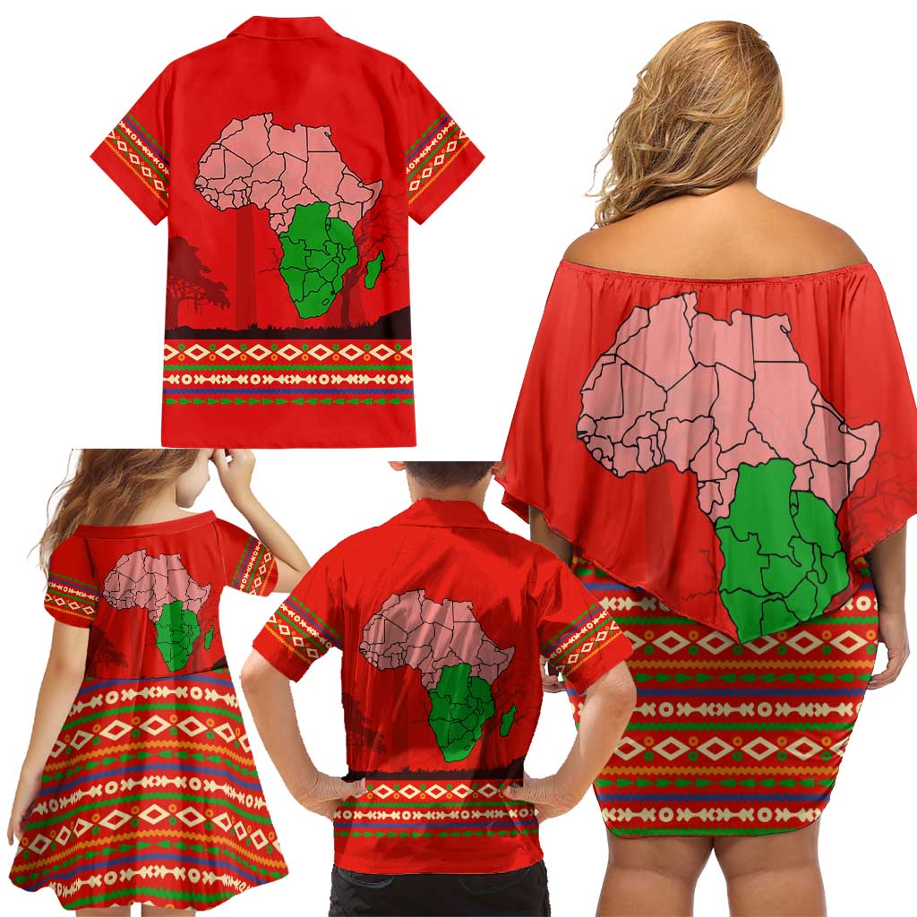 South Africa Wildlife Family Matching Off Shoulder Short Dress and Hawaiian Shirt Tribal Pattern with National Flag and Safari Silhouettes