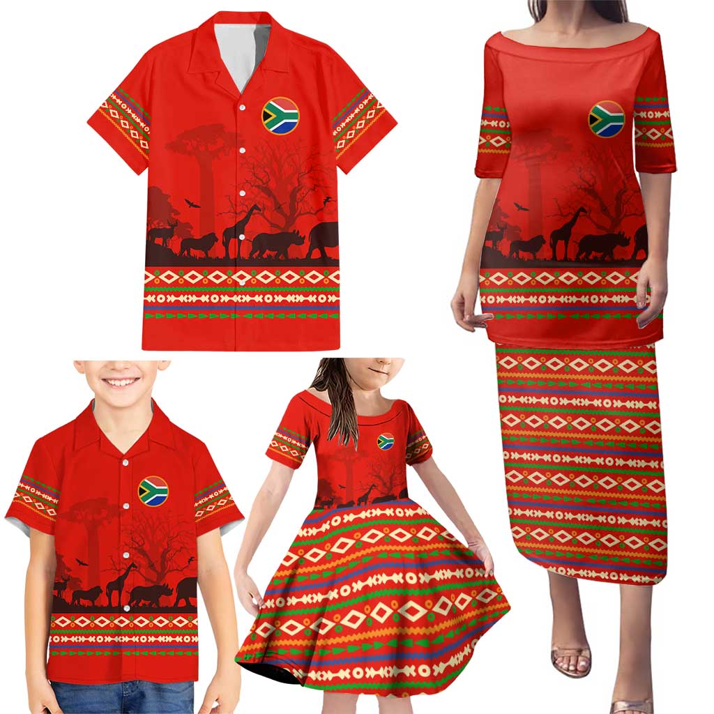 South Africa Wildlife Family Matching Puletasi and Hawaiian Shirt Tribal Pattern with National Flag and Safari Silhouettes