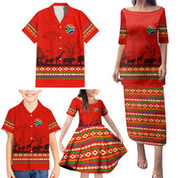 South Africa Wildlife Family Matching Puletasi and Hawaiian Shirt Tribal Pattern with National Flag and Safari Silhouettes