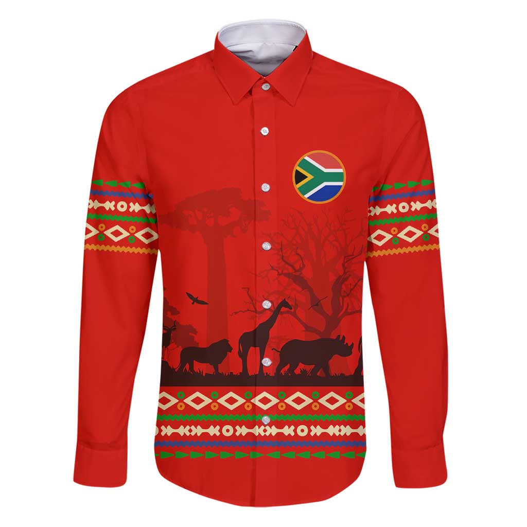 South Africa Wildlife Family Matching Puletasi and Hawaiian Shirt Tribal Pattern with National Flag and Safari Silhouettes