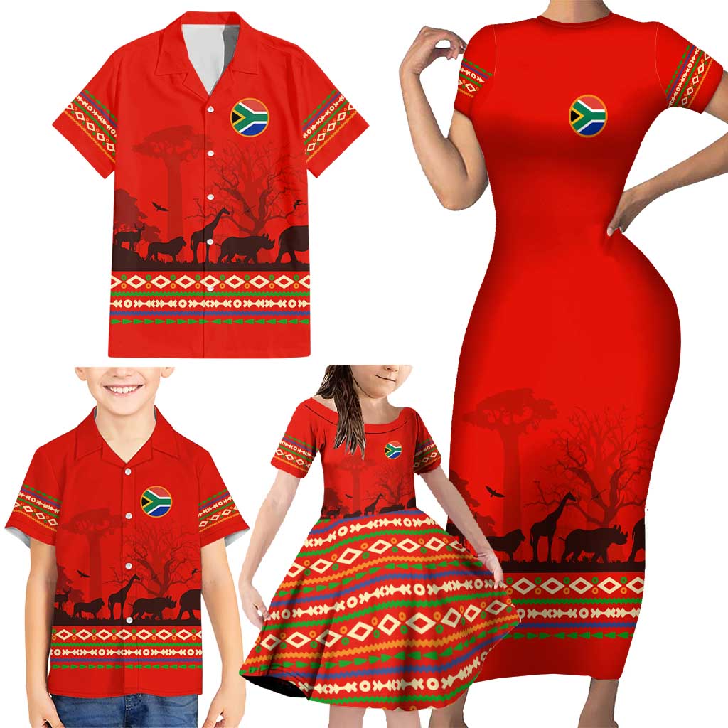 South Africa Wildlife Family Matching Short Sleeve Bodycon Dress and Hawaiian Shirt Tribal Pattern with National Flag and Safari Silhouettes