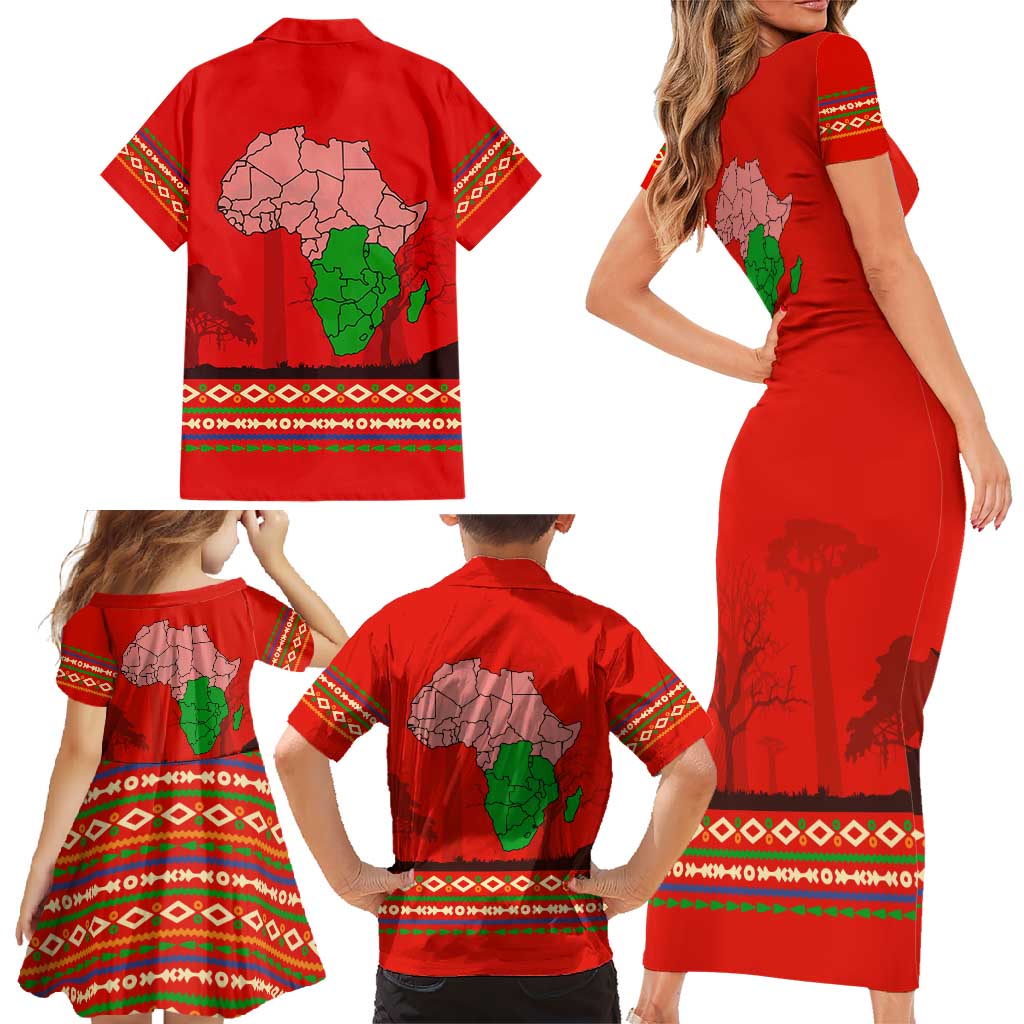 South Africa Wildlife Family Matching Short Sleeve Bodycon Dress and Hawaiian Shirt Tribal Pattern with National Flag and Safari Silhouettes