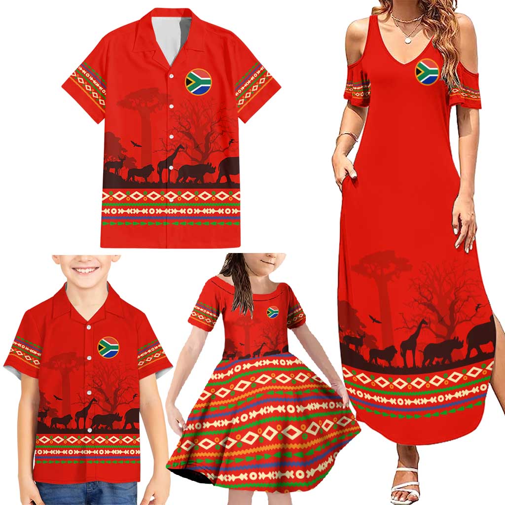 South Africa Wildlife Family Matching Summer Maxi Dress and Hawaiian Shirt Tribal Pattern with National Flag and Safari Silhouettes