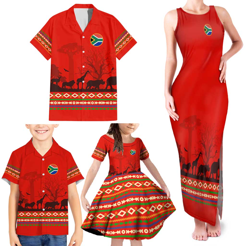 South Africa Wildlife Family Matching Tank Maxi Dress and Hawaiian Shirt Tribal Pattern with National Flag and Safari Silhouettes