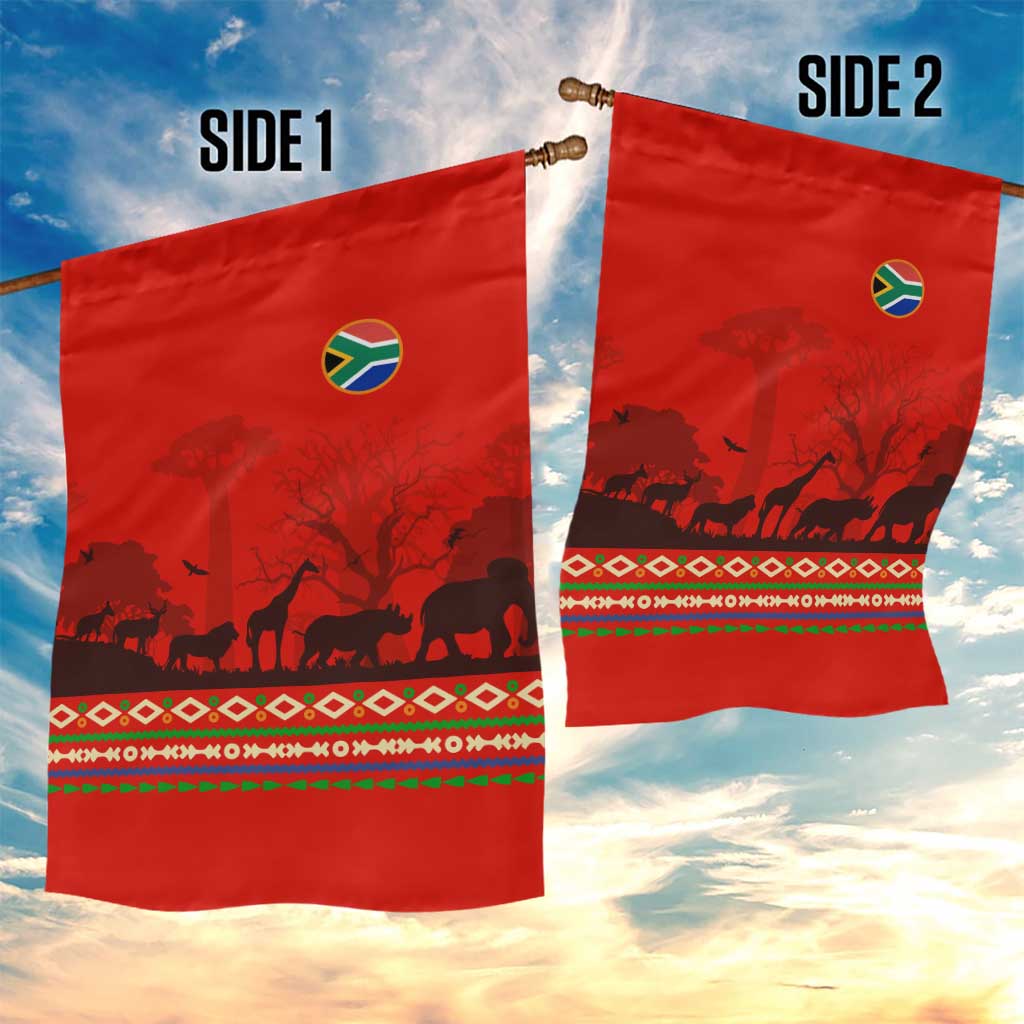 South Africa Wildlife Garden Flag Tribal Pattern with National Flag and Safari Silhouettes