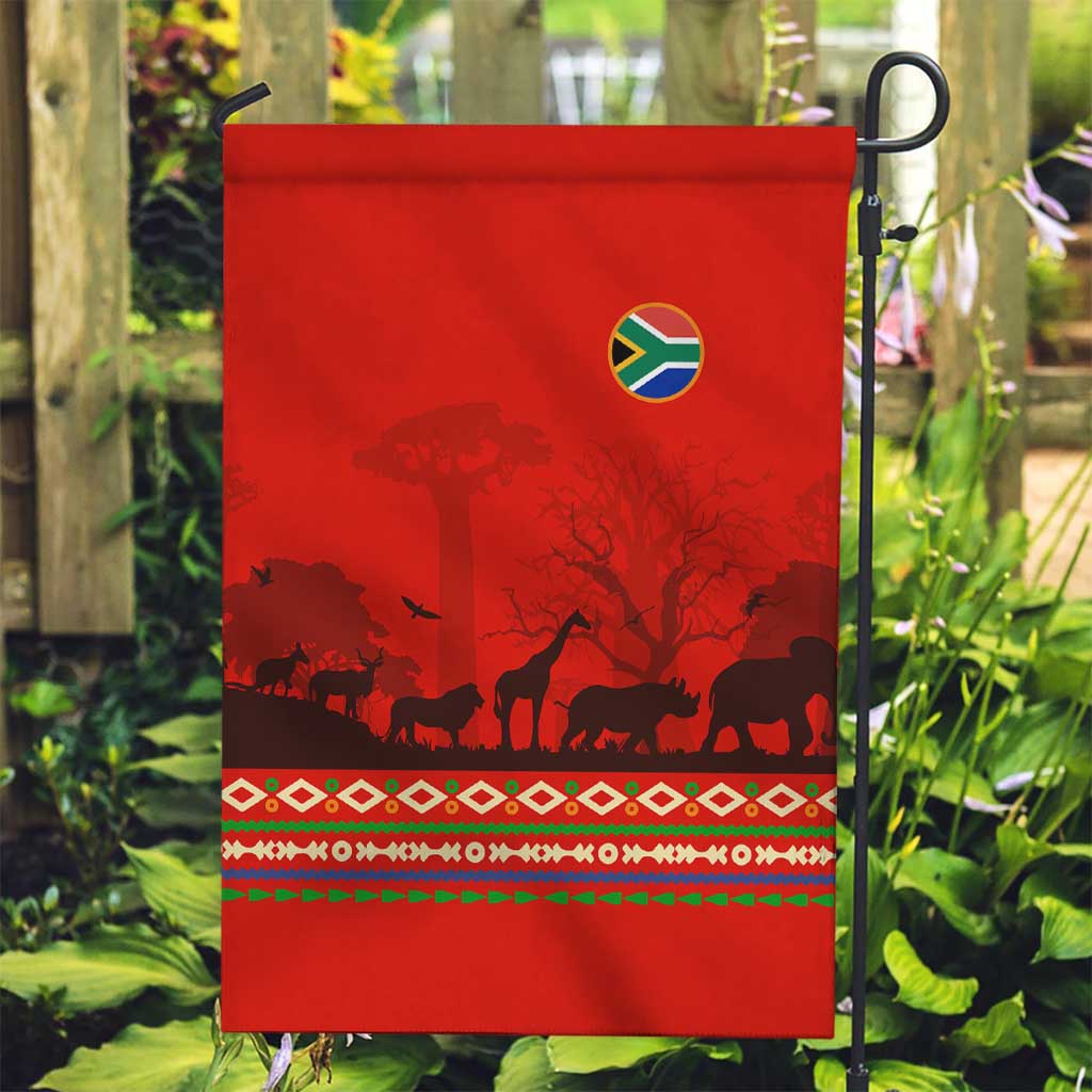 South Africa Wildlife Garden Flag Tribal Pattern with National Flag and Safari Silhouettes
