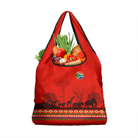 South Africa Wildlife Grocery Bag Tribal Pattern with National Flag and Safari Silhouettes