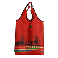 South Africa Wildlife Grocery Bag Tribal Pattern with National Flag and Safari Silhouettes