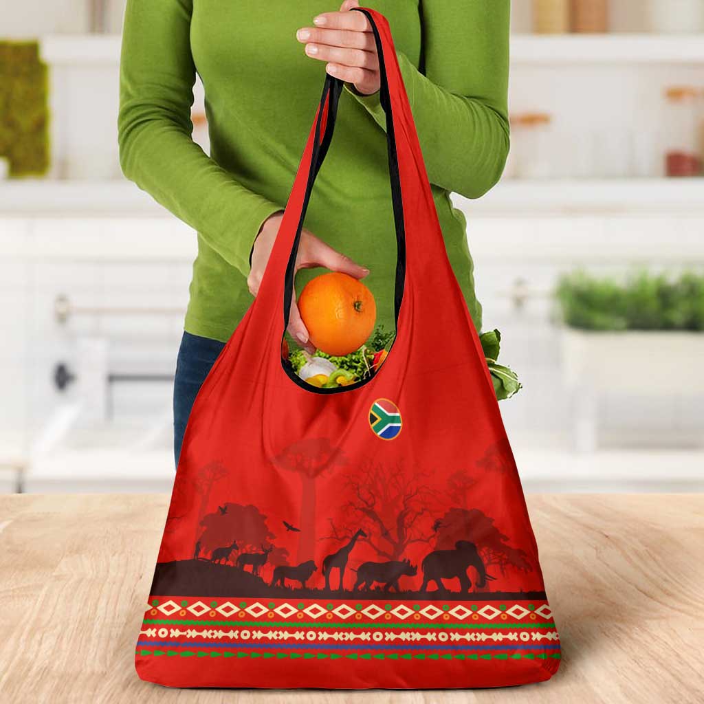 South Africa Wildlife Grocery Bag Tribal Pattern with National Flag and Safari Silhouettes