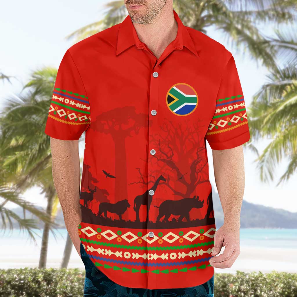 South Africa Wildlife Hawaiian Shirt Tribal Pattern with National Flag and Safari Silhouettes