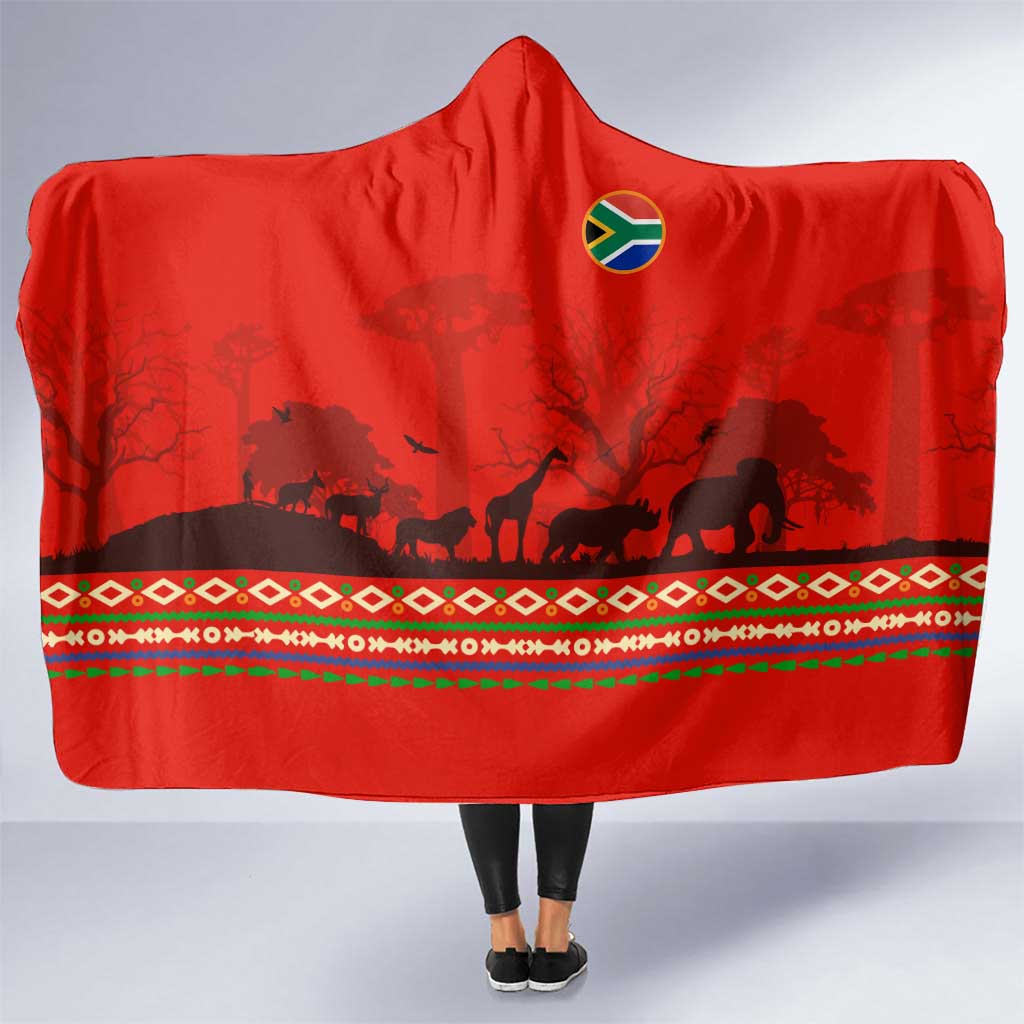 South Africa Wildlife Hooded Blanket Tribal Pattern with National Flag and Safari Silhouettes