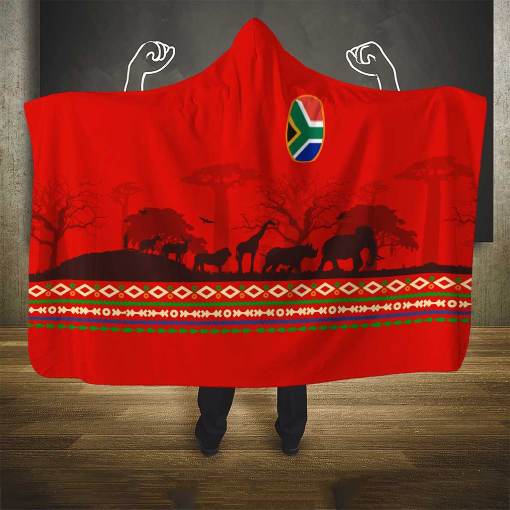 South Africa Wildlife Hooded Blanket Tribal Pattern with National Flag and Safari Silhouettes
