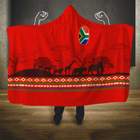 South Africa Wildlife Hooded Blanket Tribal Pattern with National Flag and Safari Silhouettes