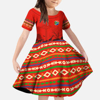 South Africa Wildlife Kid Short Sleeve Dress Tribal Pattern with National Flag and Safari Silhouettes