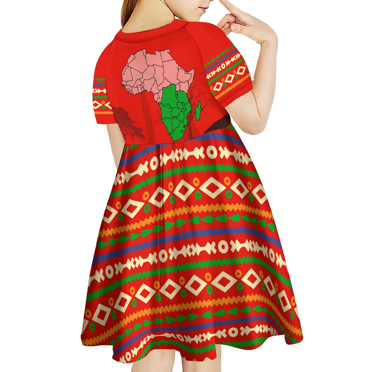 South Africa Wildlife Kid Short Sleeve Dress Tribal Pattern with National Flag and Safari Silhouettes